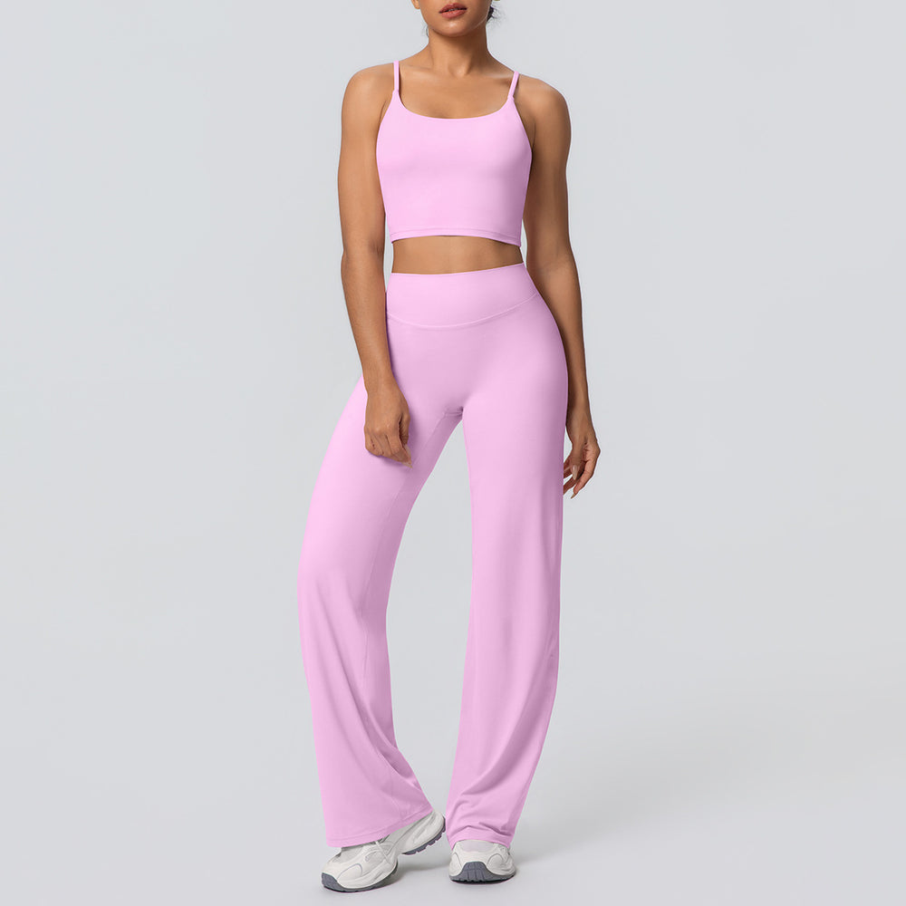 Sexy strappy back sports bra set with high-waisted wide-leg straight-leg yoga pants - perfect for outdoor leisure, running, and fitness