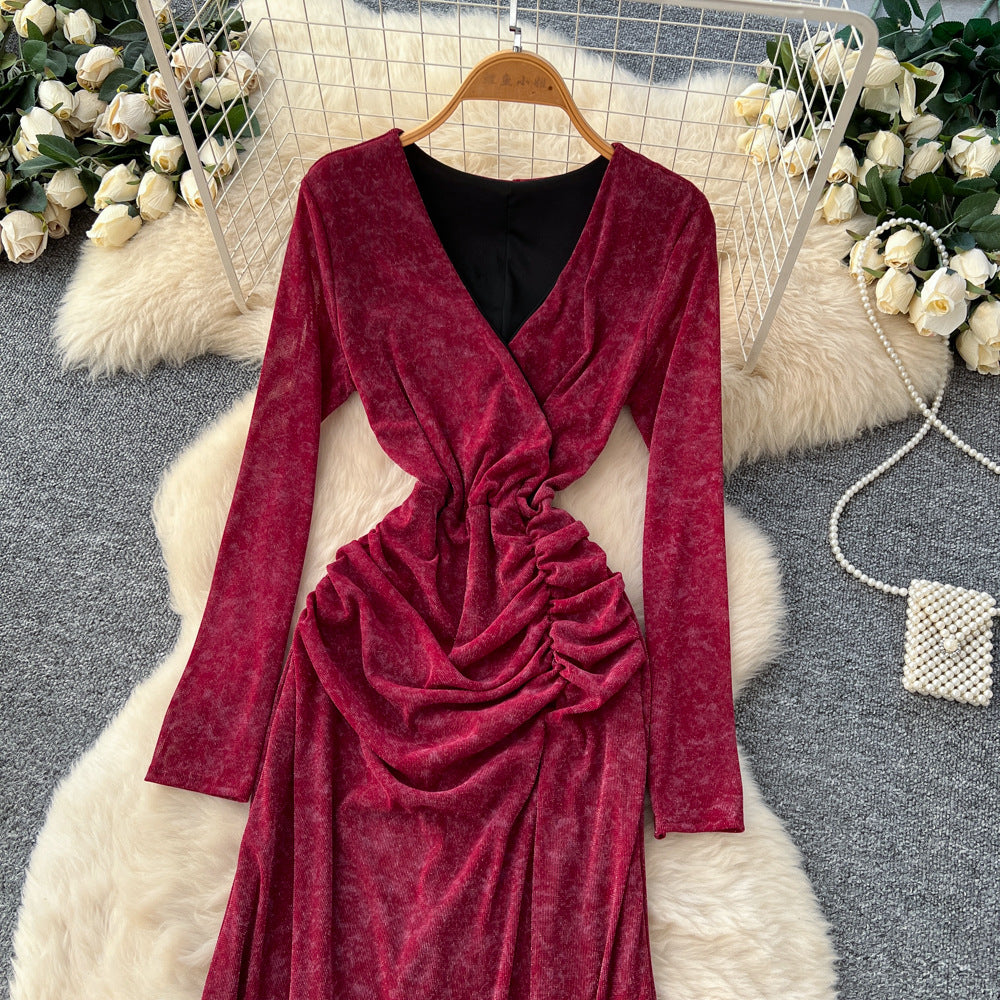 Frenchretrov necklong sleevesdress women's fall and winternew arrivalclassy sense silm waist pleated royal sister long skirt