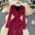 Frenchretrov necklong sleevesdress women's fall and winternew arrivalclassy sense silm waist pleated royal sister long skirt