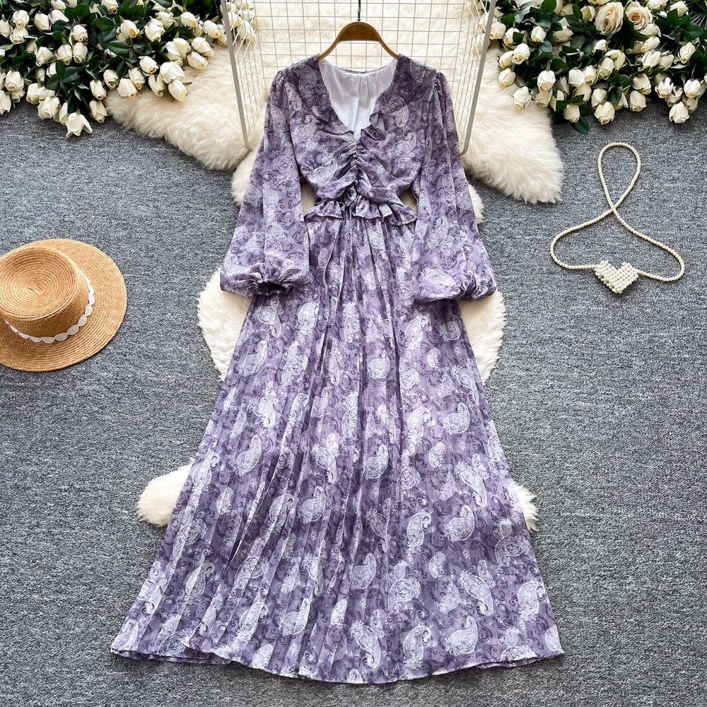 French-inspired v-neck lantern sleeve printed dress - spring floral korean style, slimming a-line maxi dress