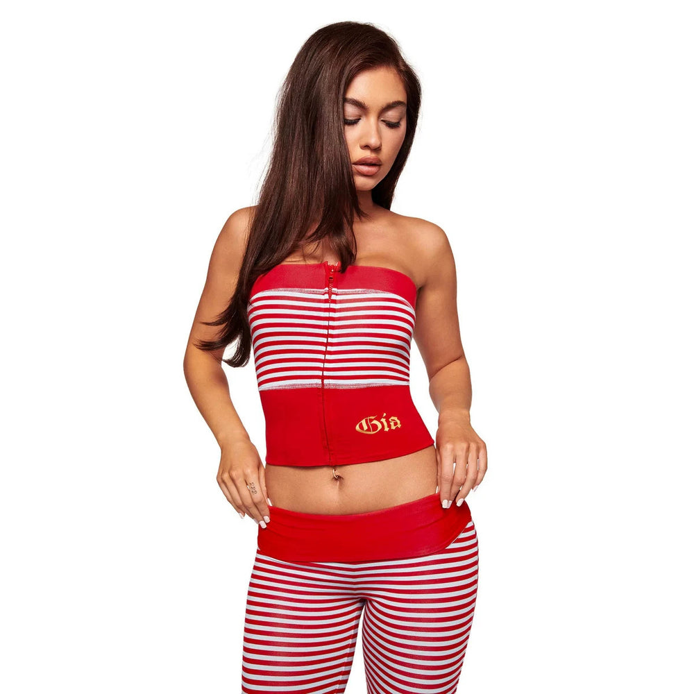 hot-selling women's clothing: sexy, slim-fit, casual striped print two-piece set with color-blocked tube top