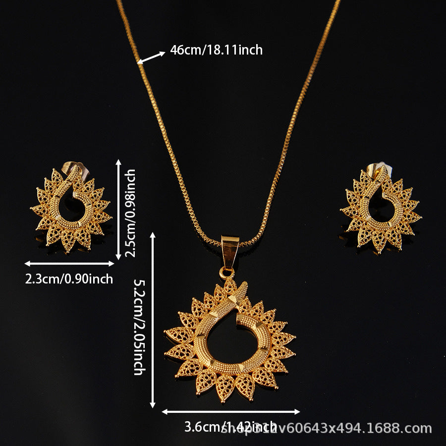 Two-piece set of new middle eastern dubai ethiopian women's pendant, necklace, and earring set, african style, sunflower design