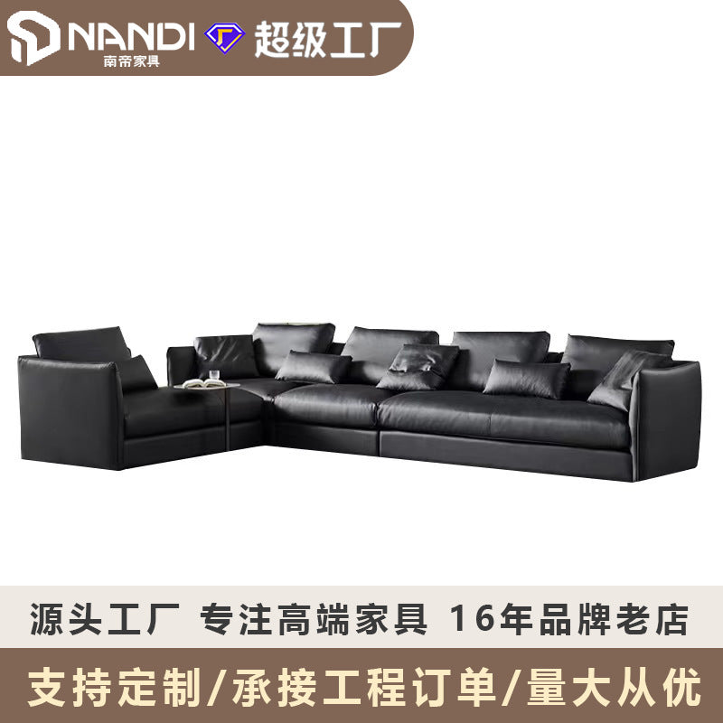 Custom italian minimalist napa leather sofa for large villas - black cowhide sectional corner down sofa