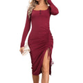 cross-border listing: new  women's original elegant drawstring slit slim-fit knitted dress
