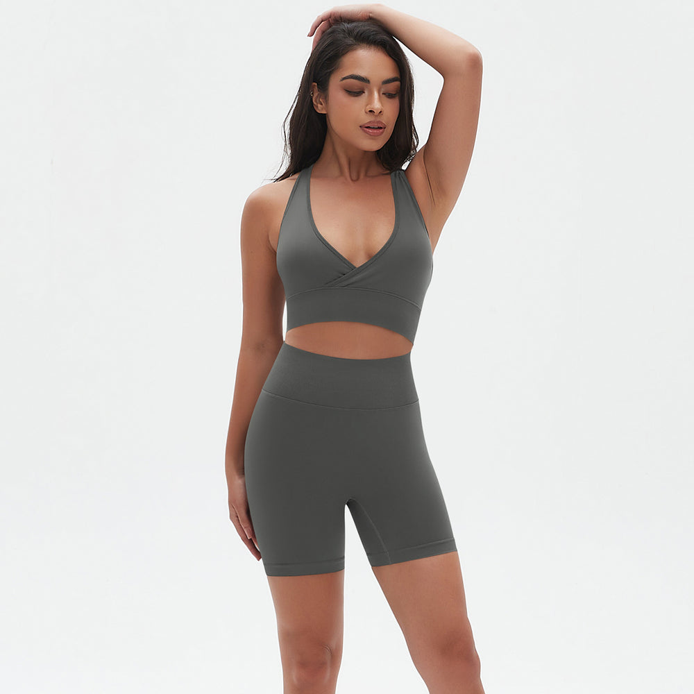 seamless knitting high-elastic tight sexy yoga suit cross-shaped back running fitness two-piece set