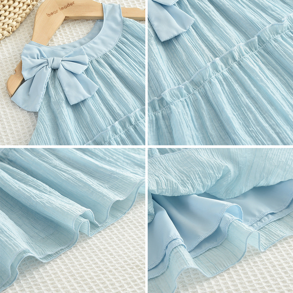 summer new girls' blue tiered korean style cross-border bow chiffon halter princess dress