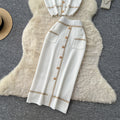 French chic knit cardigan and midi skirt set - women's summer short sleeve casual and elegant height-enhancing outfit