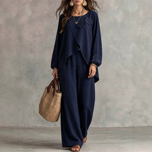 european and american plus size navy floral print two-piece set: round neck long sleeve top and wide leg pants casual outfit