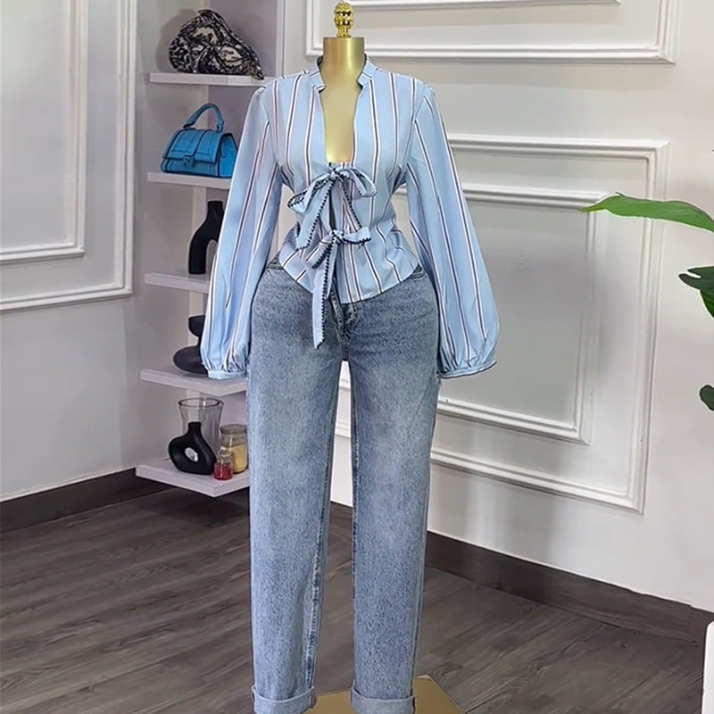 European and american cross-border women's fashion:  autumn new collection - stylish tie-neck v-neck striped slim-fit bubble sleeve blouse top