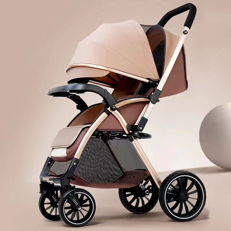 Lightweight, large-wheeled, foldable baby stroller. convertible from upright to reclined position. portable, high-view, four-wheel suspension stroller for ages 0-3 years