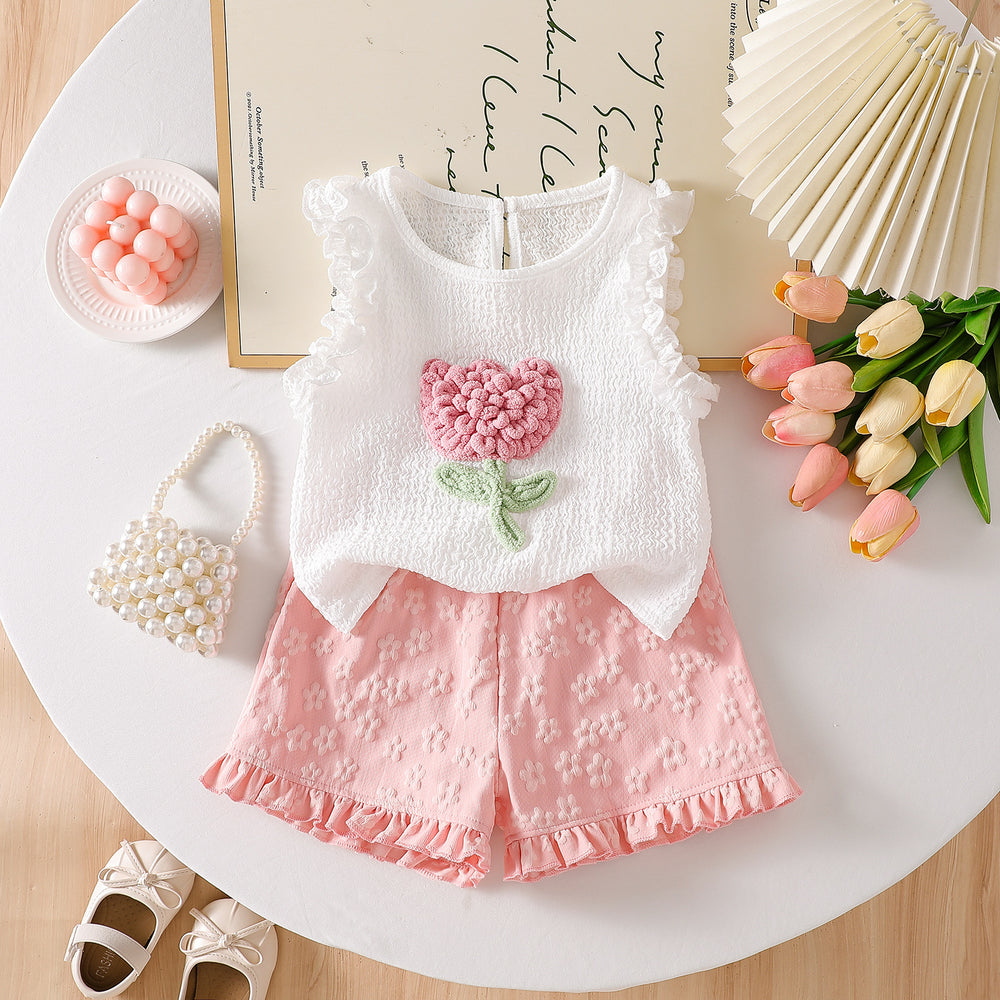 Girls' tulip crochet ruffle trim tank top and floral shorts two-piece set - summer korean style casual outfit for kids - trendy