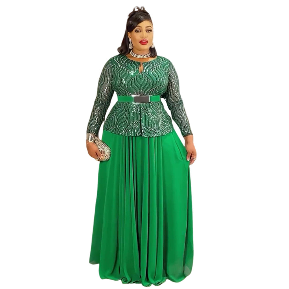e-commerce  sequin banquet party dress long gown african women's plus size dress with belt