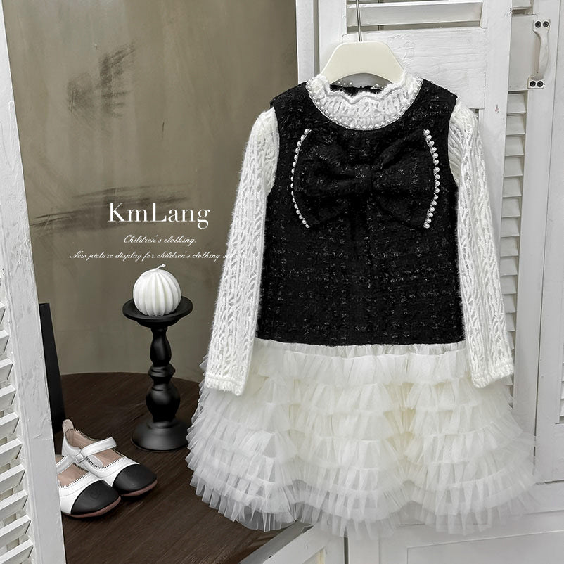 Girls' dress  autumn new arrival: sleeveless tank dress with lace trim, two-piece set (perfect for the "rich girl" look)