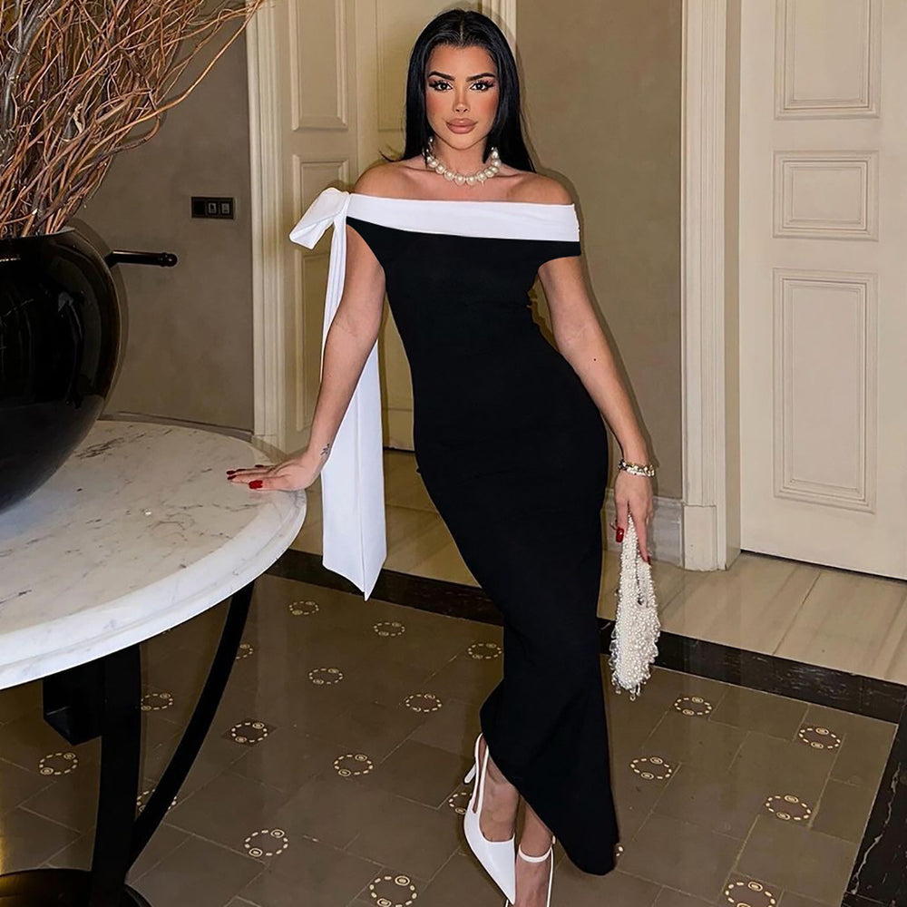 European and american style cross-border women's autumn/winter new fashion elegant one-shoulder ribbon sleeveless bodycon mini dress