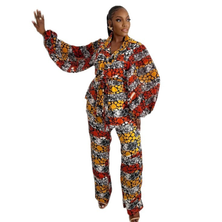 European and American large-size women's clothing printed long-sleeved cardigan shirt loose foreign style fashion high waist thin trousers two-piece set women