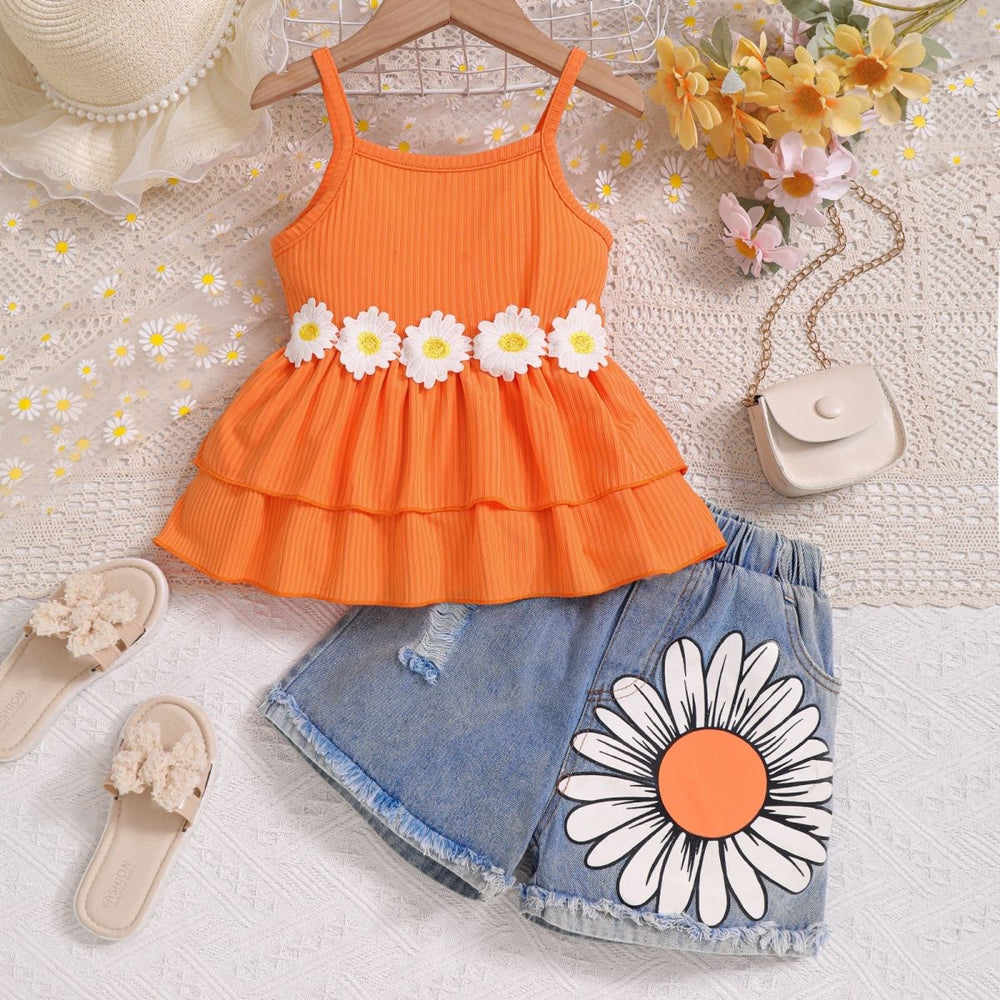 Girls' summer outfit set: stylish  new korean style children's summer short-sleeve two-piece fashion set for little girls and babies