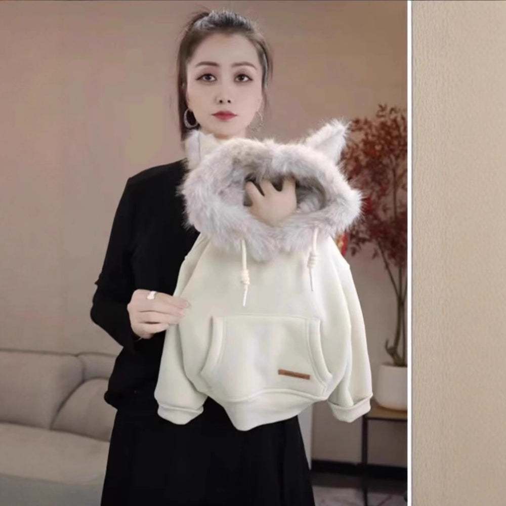 mid-to-large children's fox hooded fleece-lined thickened sweatshirt - girls' versatile autumn/winter new style faux fur collar top