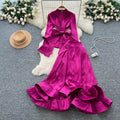 European and american fashion tie-waist long sleeve satin top and high-waisted flared ruffle skirt two-piece set for women - autumn collection
