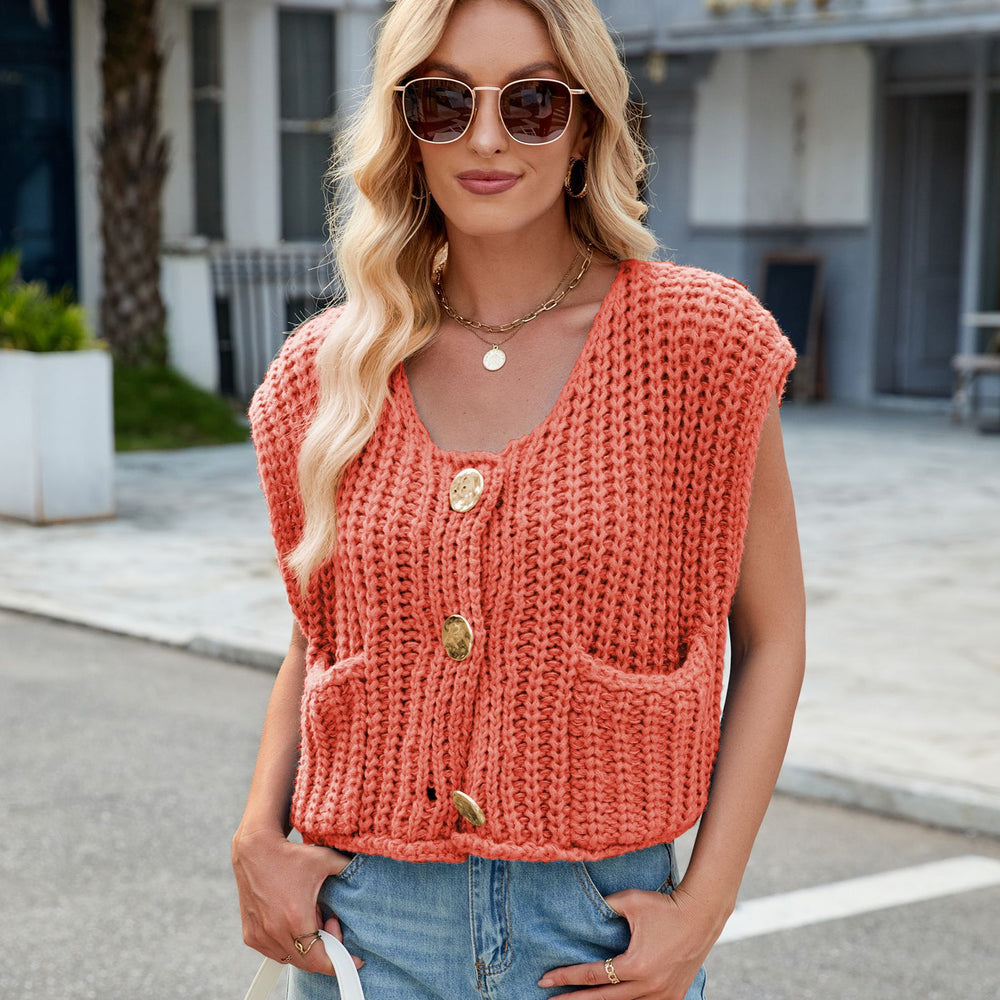 Fashion cross-border women's clothing  independent station new v-neck three-button sleeveless cardigan sweater vest