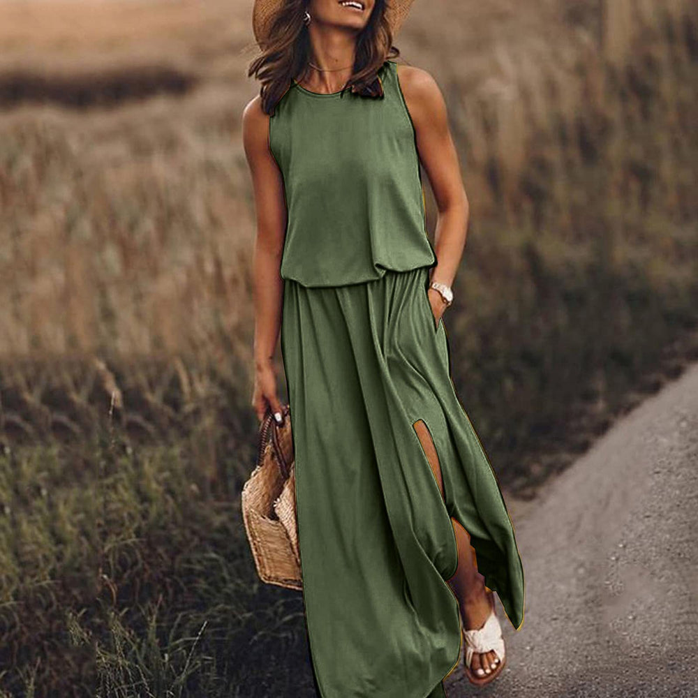 summer new arrivals: cross-border  fashion - european & american style women's sleeveless crew neck dress with slit, available in multiple solid colors