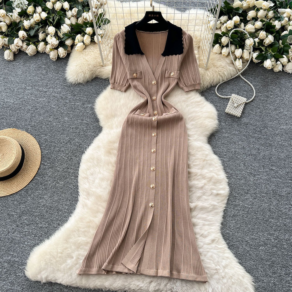 Frenchretrocontrast color lapel short sleeve metal button silmdress women's waist slimmingelegant slit knitting skirt