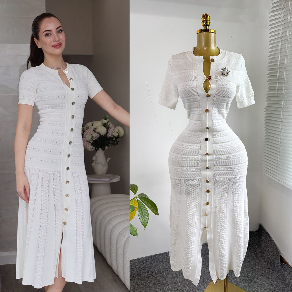 exportelegance style pure color single breasted knittingdress women's summerk-style silm slit long skirt dres