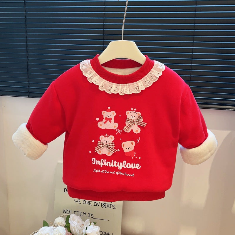 New year's autumn/winter girls' three-layer quilted padded sweatshirt cotton jacket, trendy tops for baby girls, children's clothing, kids' apparel