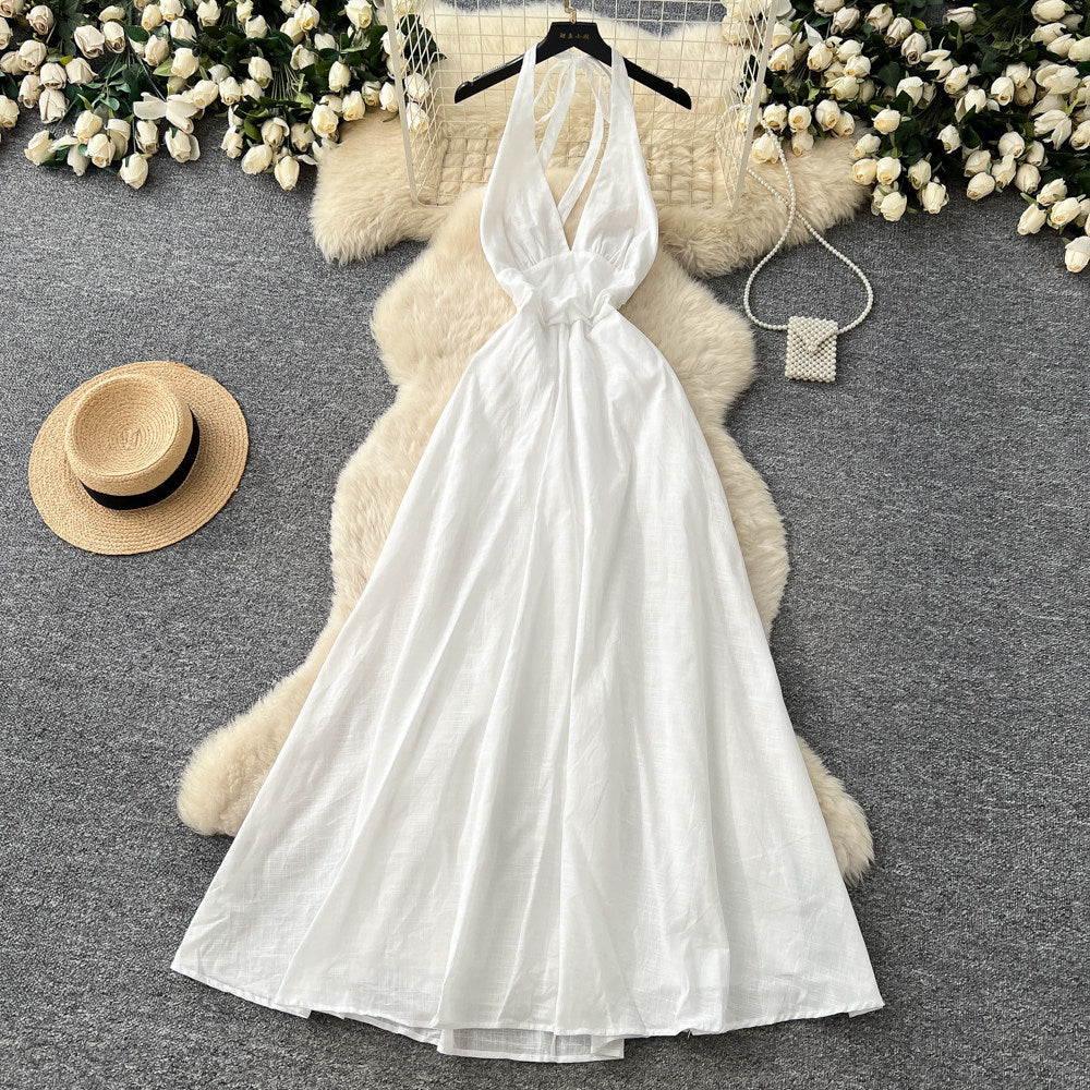 Vacation style halter pure desire dress women's spring and summer yellow a-line skirt high waist waist atmosphere fairy skirt