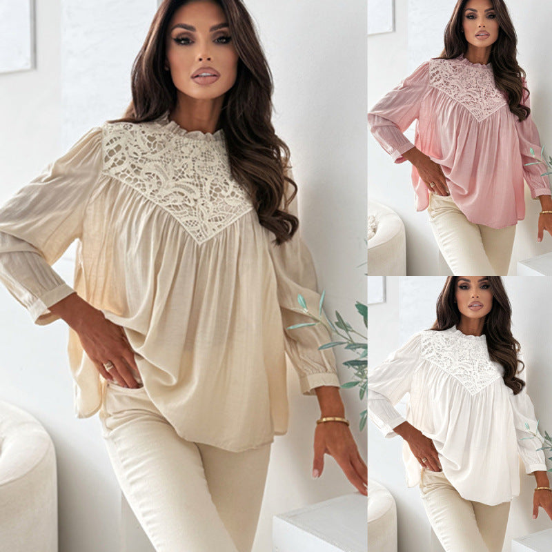 Aliexpress new arrival: round neck long sleeve ruffle collar pleated top blouse
