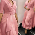 Q108  foreign trade women's new fashion ol blazer collar fashion tie waist pleated african dress