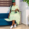 European and american cross-border african women's fashion  autumn new collection: stylish notch collar striped short-sleeve shirt and midi skirt set