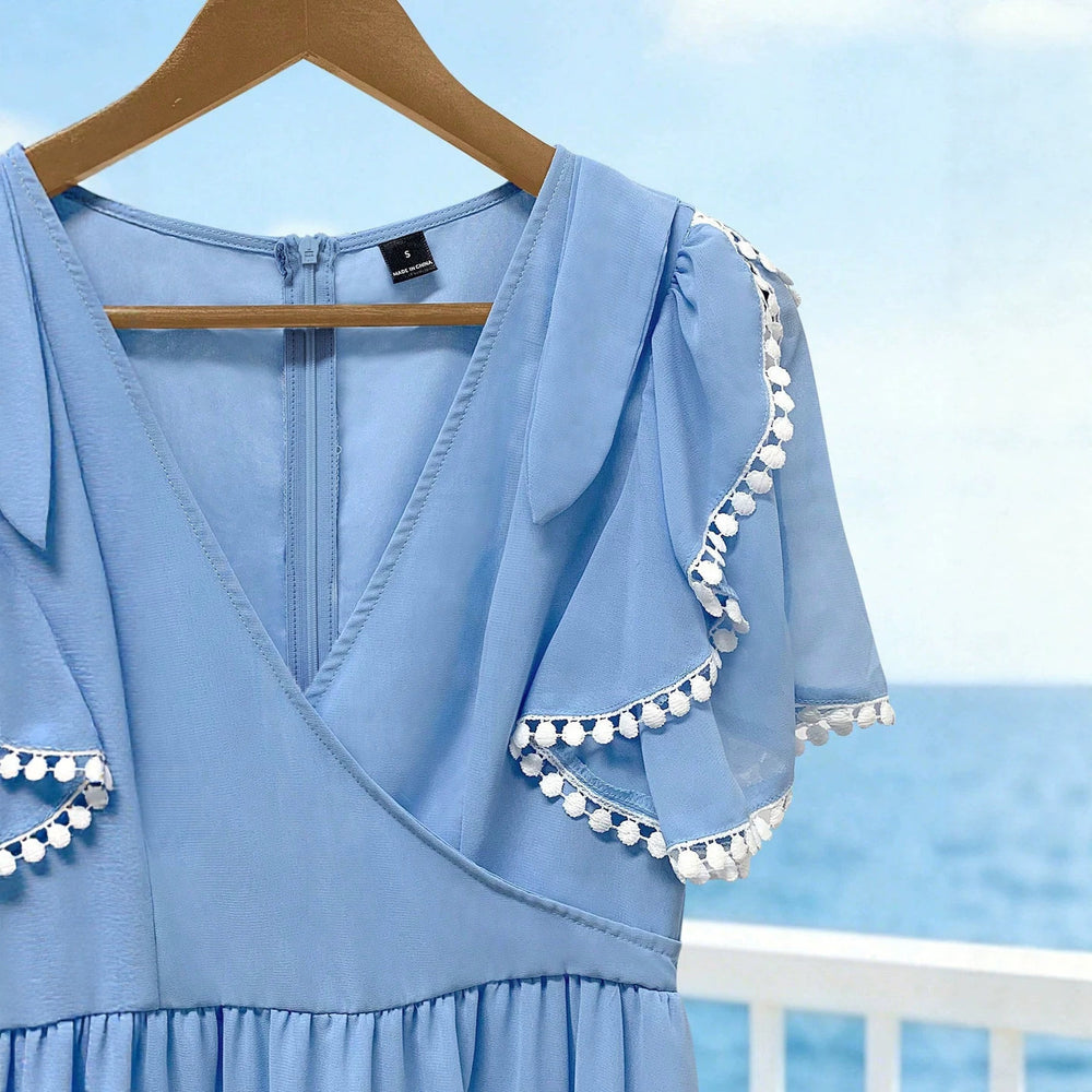French chic beach maxi dress - v-neck, ruffle short sleeves, beaded trim, cinched waist, tiered chiffon women's dress