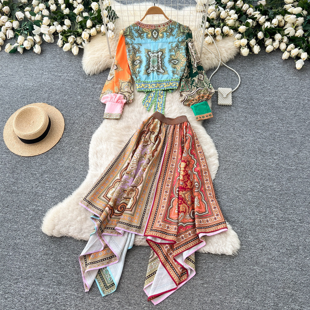 Vacation style printingtwo-piece set women's autumv neck three-quarter sleeve topsasymmetrical skirtelegantsuit