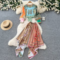 Vacation style printingtwo-piece set women's autumv neck three-quarter sleeve topsasymmetrical skirtelegantsuit