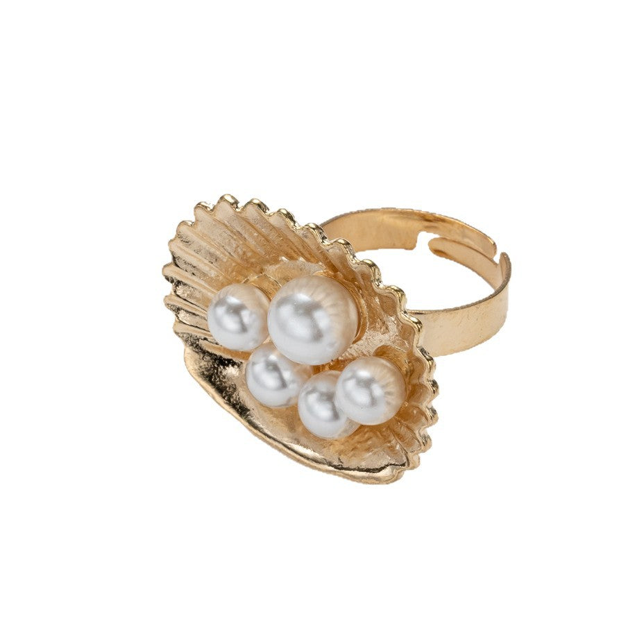European and american cross-border hot-selling faux pearl open ring - fashionable, creative geometric ocean-themed seashell adjustable jewelry