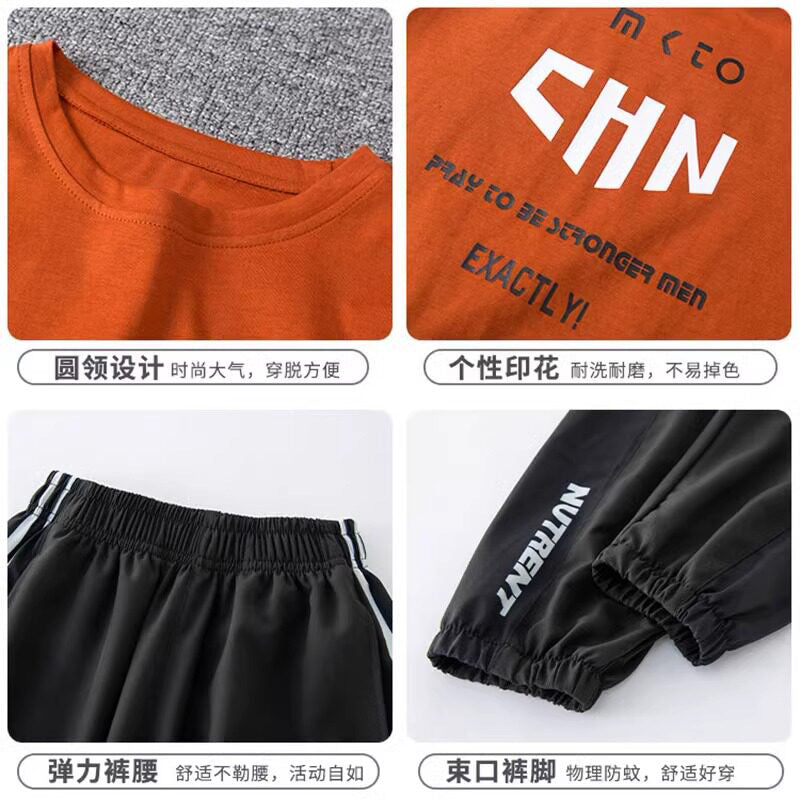 Boys'  summer activewear set: kids' casual short-sleeve and pants outfit, trendy new styles for mid-to-large children