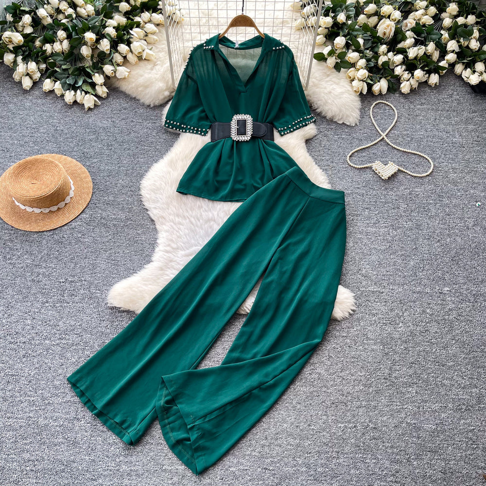 Lightly mature style, age-reducing and lazy feeling two-piece set women's summerstuds decorative waist topshigh waistloose pantssuit