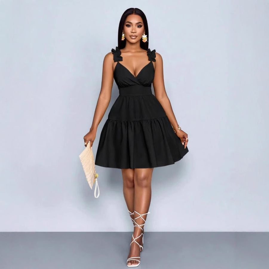 European and american cross-border   summer new arrival: elegant v-neck, designer elastic waist, solid color slip dress