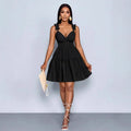 European and american cross-border   summer new arrival: elegant v-neck, designer elastic waist, solid color slip dress