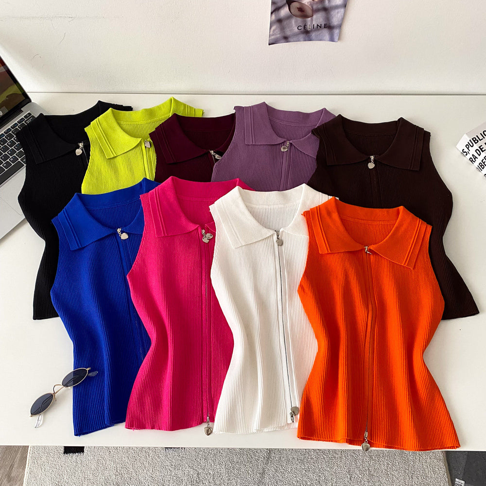 Korean style commute chic: women's summer slim-fit sleeveless knit vest with polo collar and zipper detail