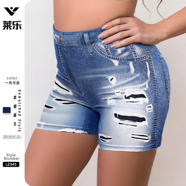 Spring and summer  imitation denim shorts, women's European and American street babes, ripped denim shorts, high elastic hip-lifting sports shorts