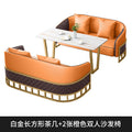 2 orange double sofas + white rectangular table (length 120x width 60cm)