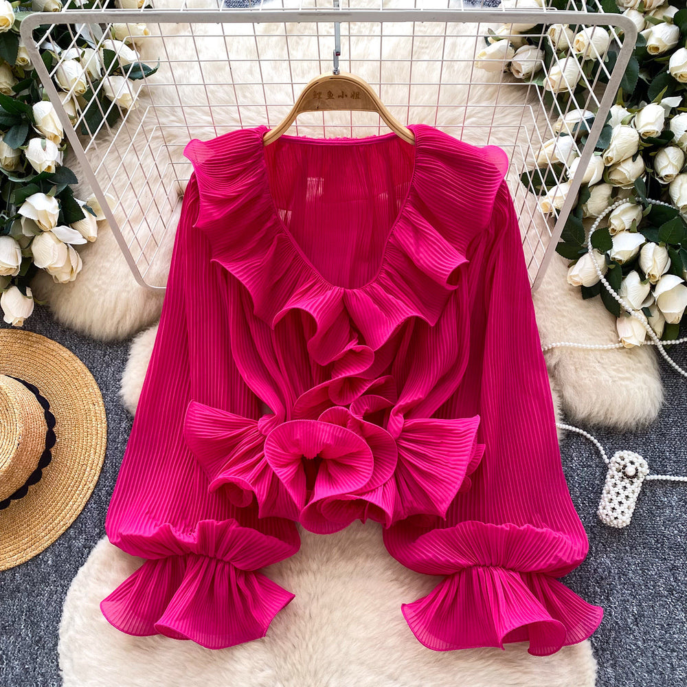 French chic v-neck ruffle trim pleated blouse - women's spring/summer long sleeve, versatile and stylish design top