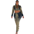 European and american cross-border women's fashion:  women's denim outfit - streetwear tie-dye long sleeve top and fringe denim jeans set