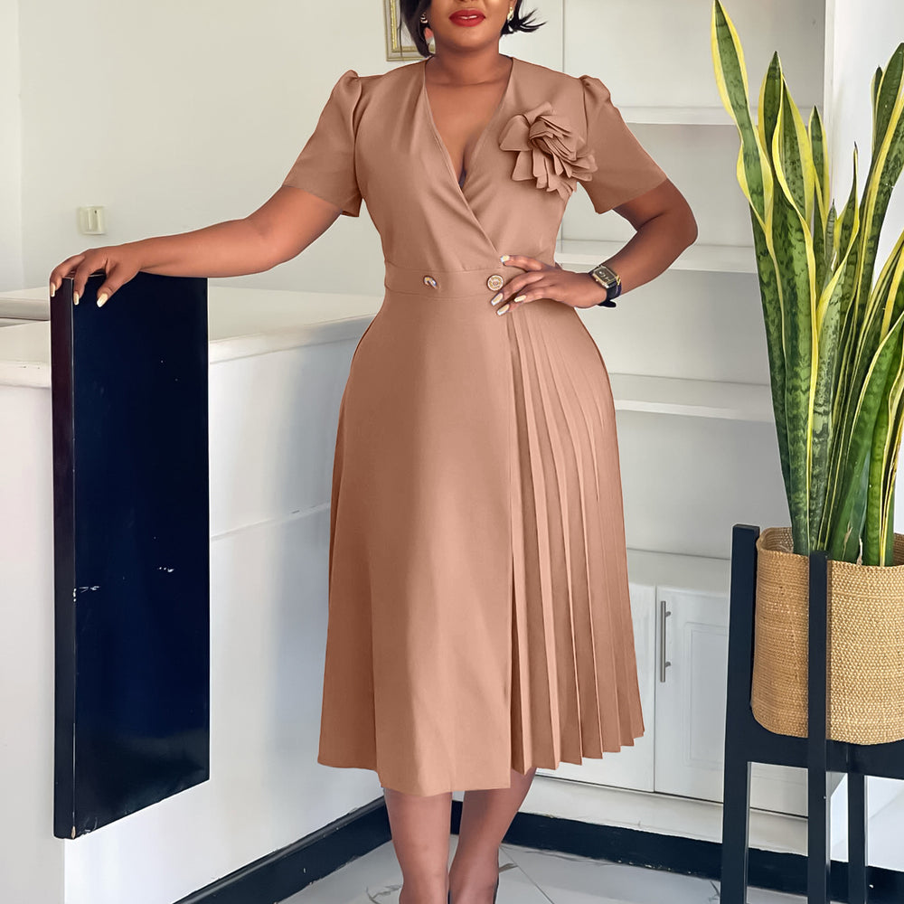 C8628 women's foreign trade summer  v-neck fashion short sleeve solid color elegant pleated african european and american style dress