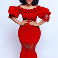 Independent station women's one-line collar puff sleeves lacepatchwork banquet fishtail dress long skirt cross-border foreign trade dress