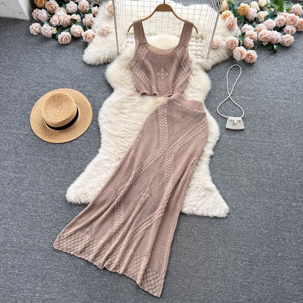 Trendy knitted set for women: new summer collection - unique openwork jacquard camisole and high-waisted bodycon maxi skirt two-piece outfit