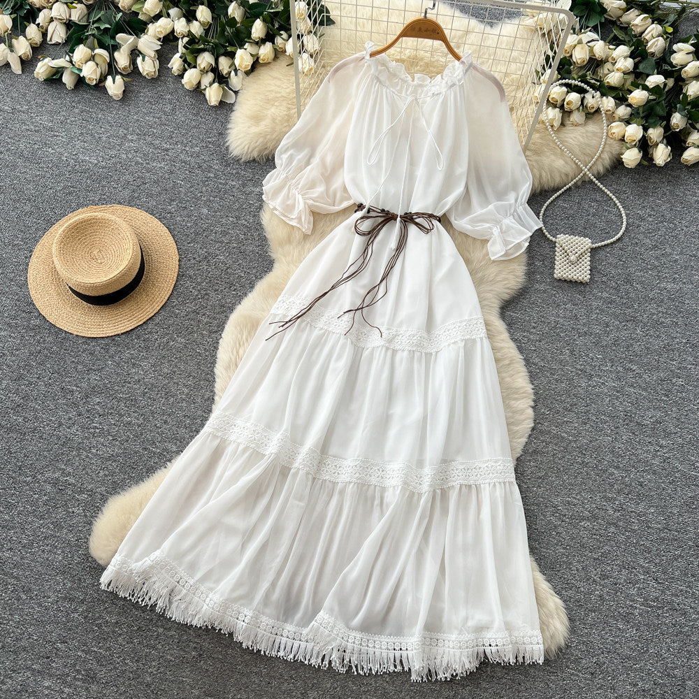 French red puff sleeve commuter short-sleeve dress - women's summer slimming a-line tassel cake dress