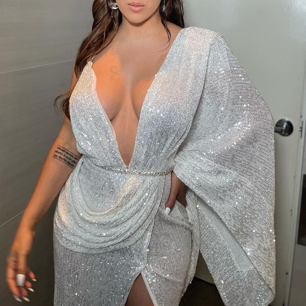 2025 new european and american style sequin patchwork halter backless dress with slit, slim fit, mature chic v-neck sexy dress