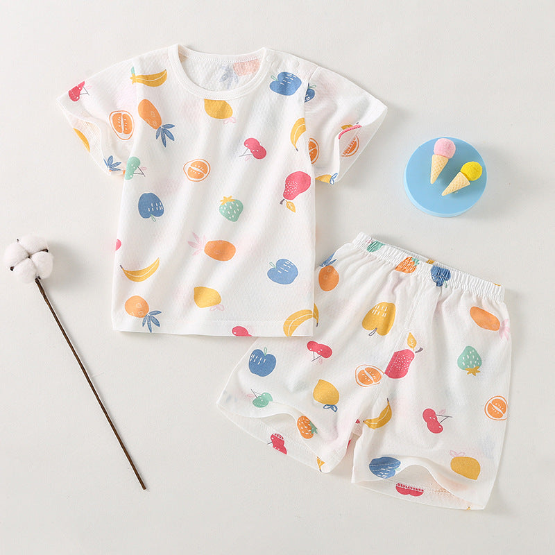Baby short-sleeve set, one-year-old summer outfit, girls' ice silk top and shorts, lightweight summer two-piece set, 100% cotton